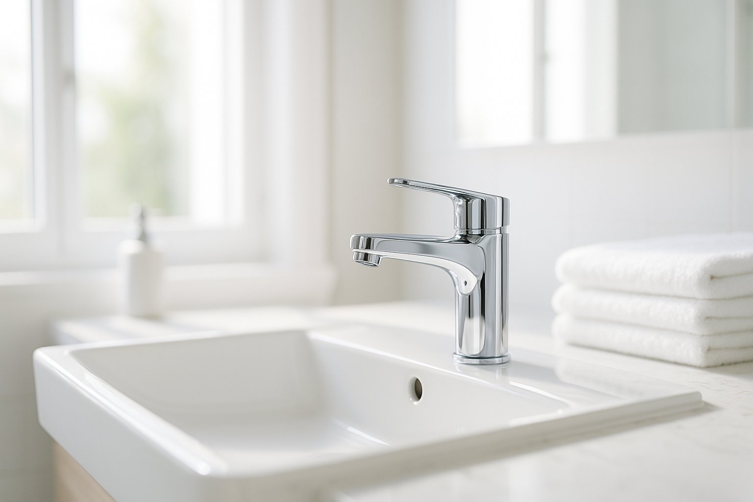 Bright modern bathroom with a gleaming chrome faucet on a white sink installed by BlueLine Plumbing