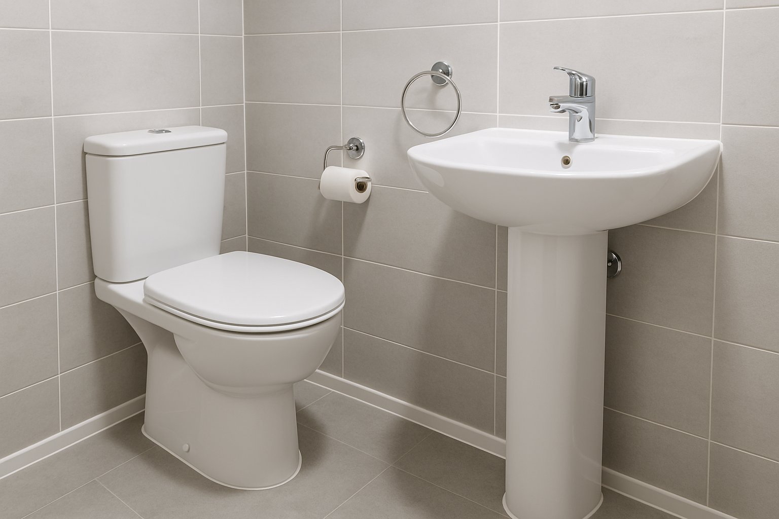 Renovated bathroom with a freshly installed white toilet, ceramic sink and new chrome fixtures
