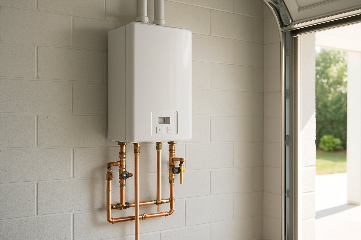 New tankless water heater mounted on a garage wall with neat copper piping