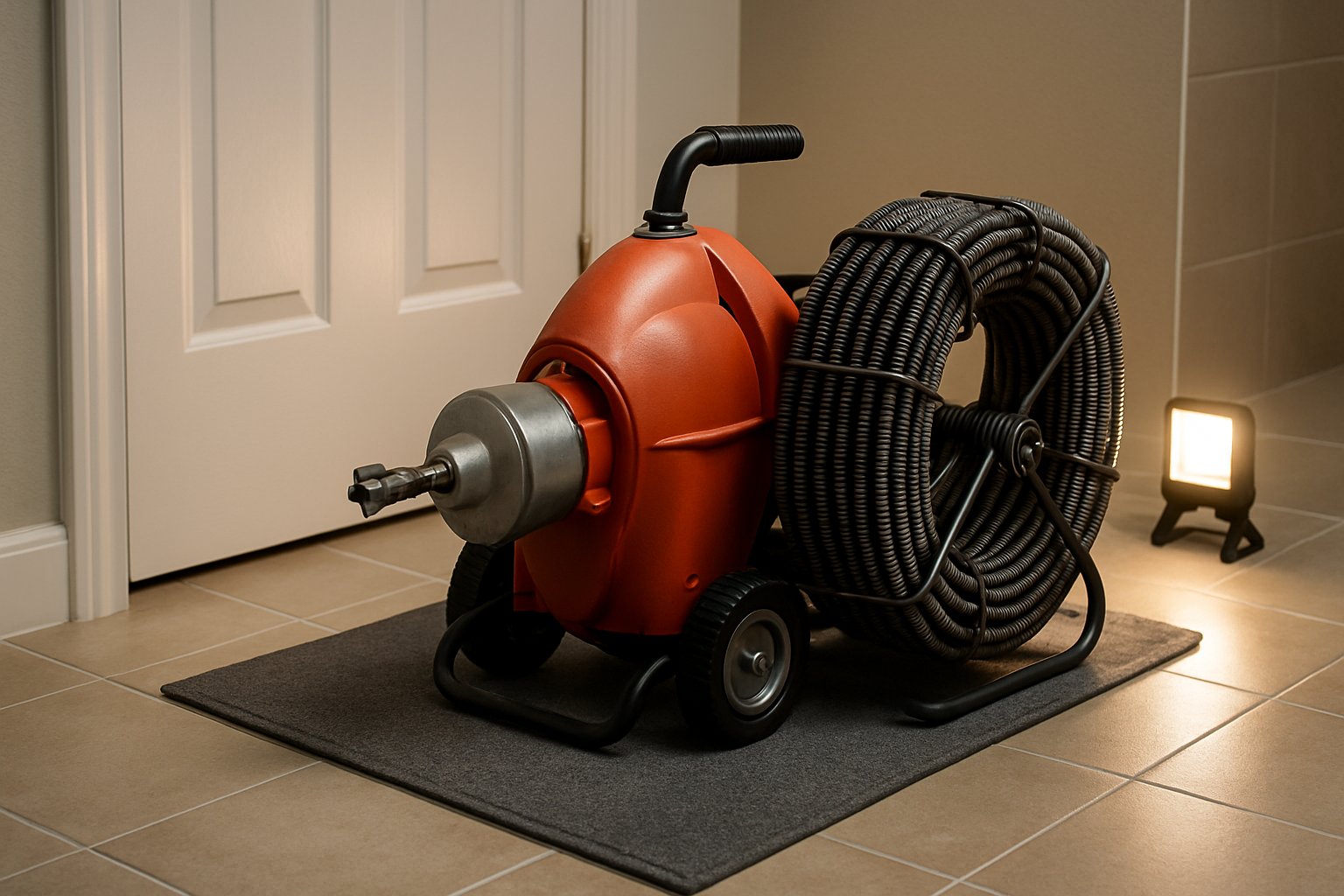 Professional drain machine with steel cable staged on a protective mat beside the bathroom