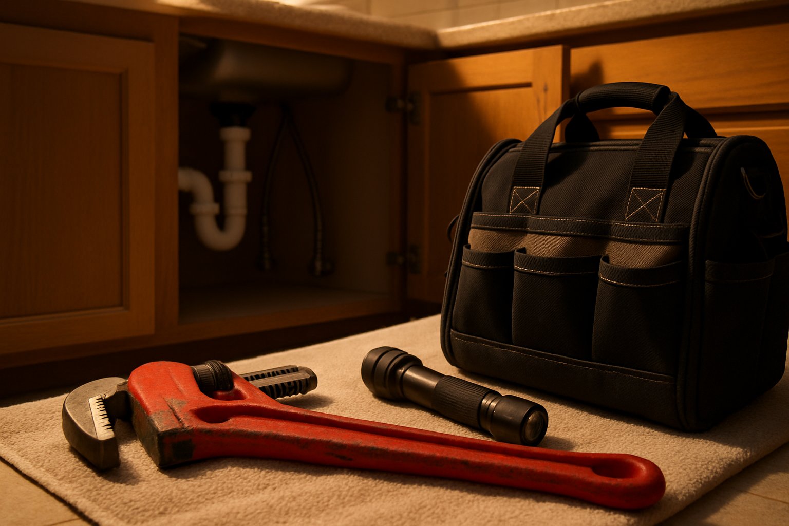 Red pipe wrench, flashlight and plumber's tool bag next to a kitchen sink cabinet