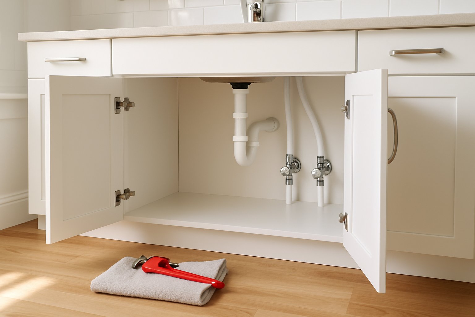 Under-sink cabinet with brand new PEX water lines and shiny shutoff valves