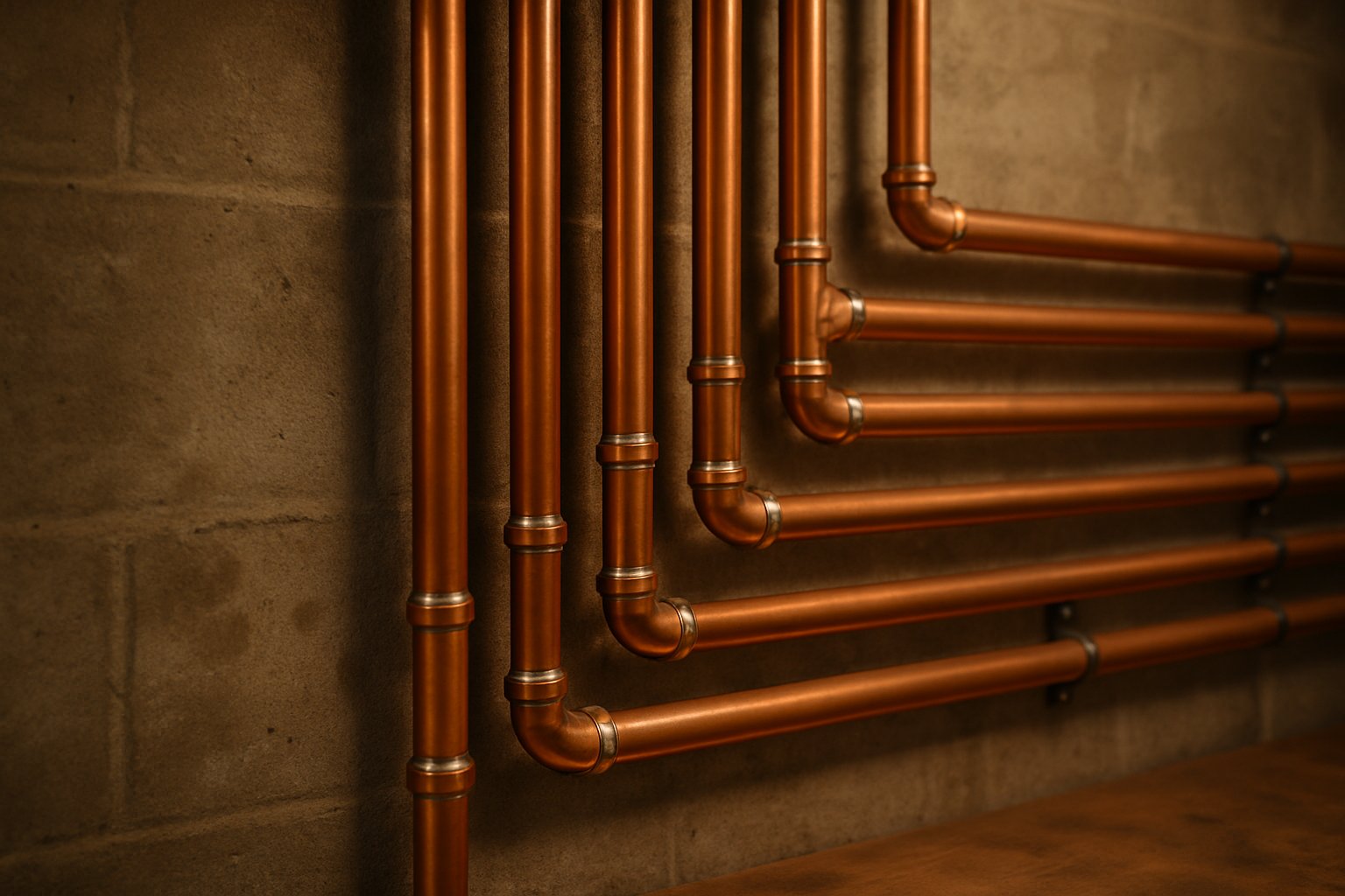 Rows of new copper water pipes with bright soldered joints along a garage wall